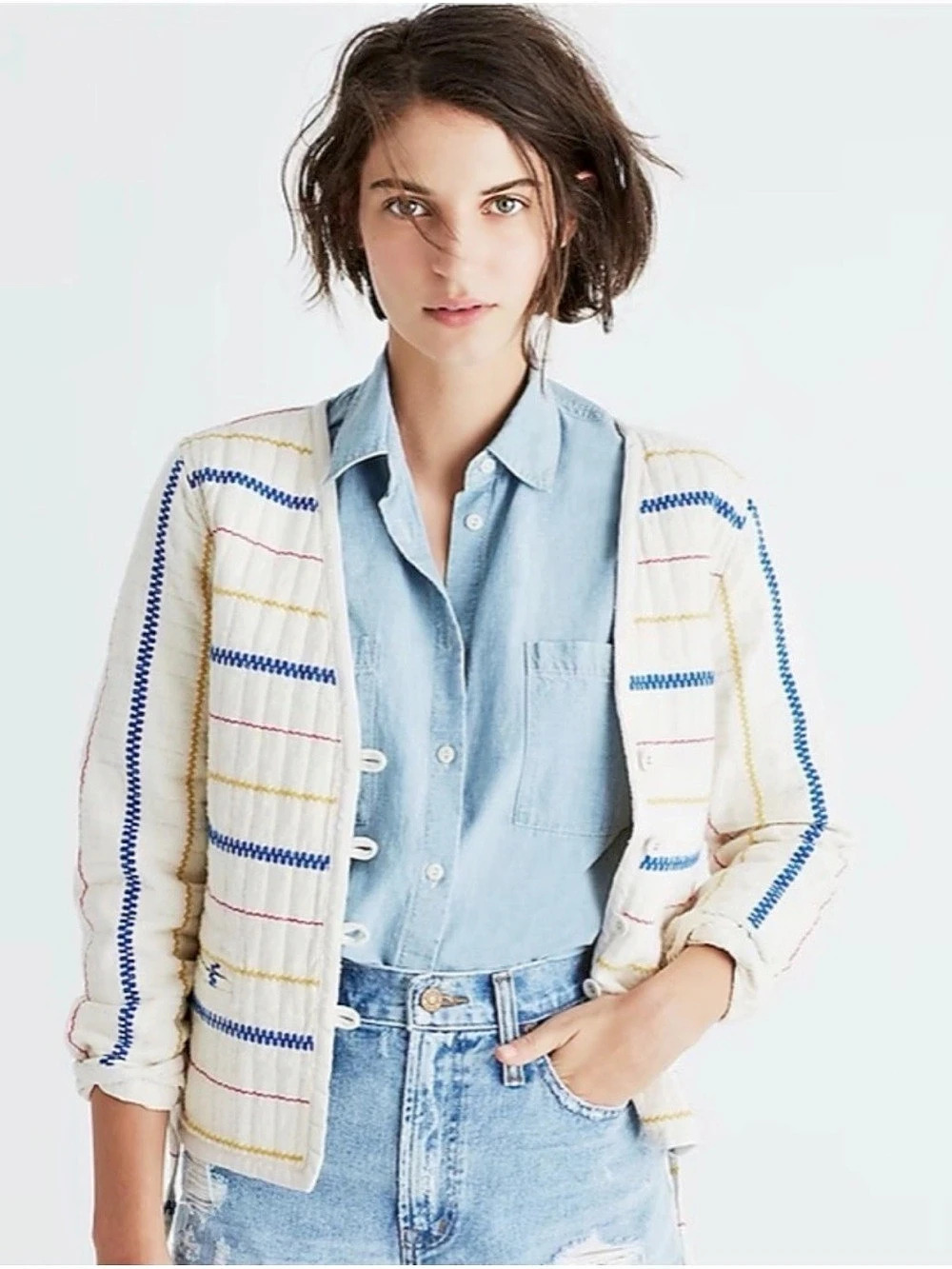 Madewell Quilted Side Tie Jacket Striped Cream & Blue XS